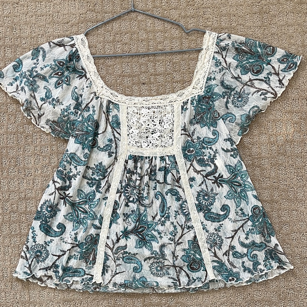Denim & Supply Ralph Lauren - Floral Lace Trim Top - Teal & Cream